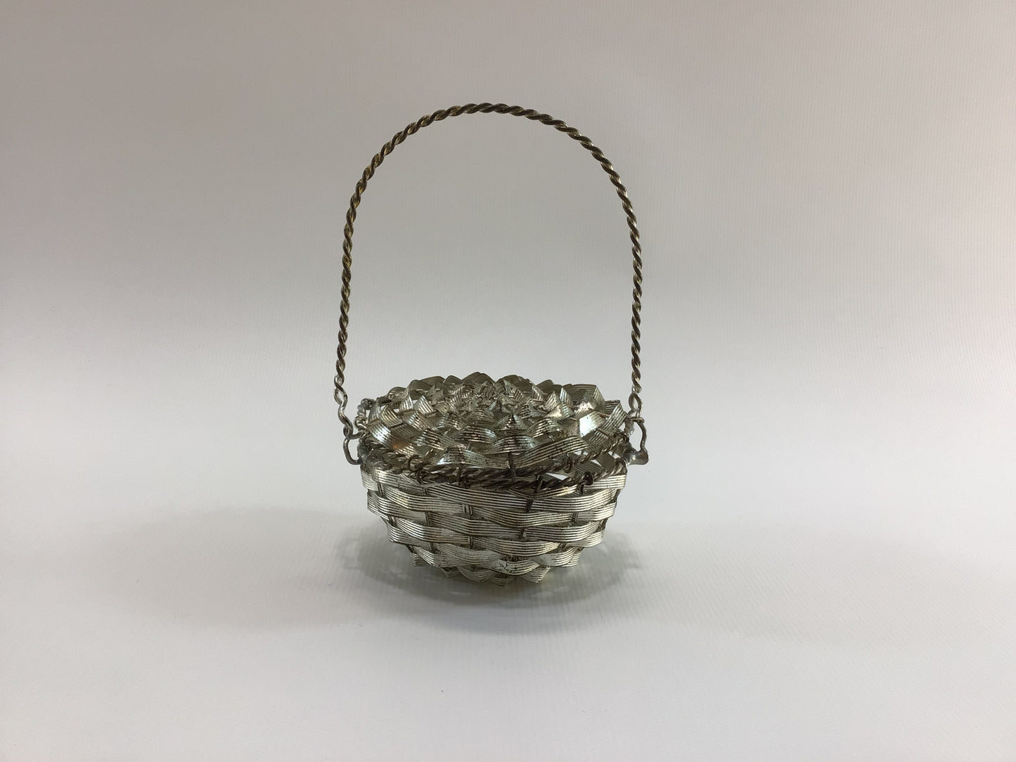 Covered Basket Candy Container 5" Bent Woven Wire Silver Metal Christmas Tree Ornament Antique Holiday Decor