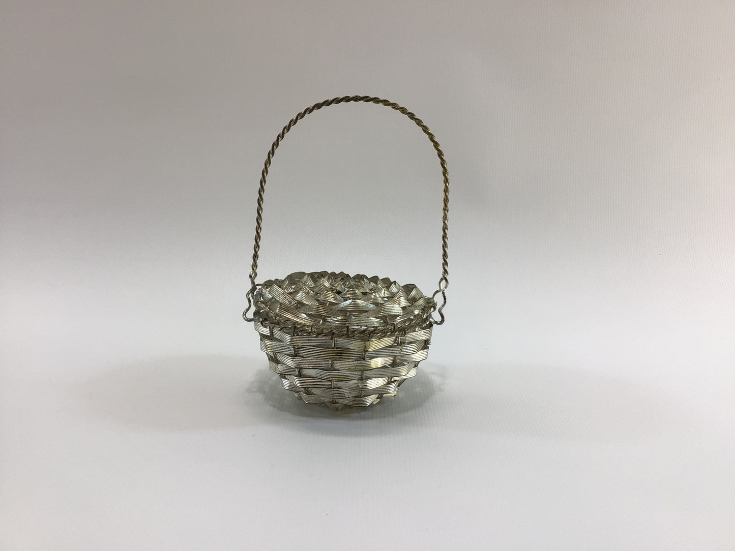 Covered Basket Candy Container 5" Bent Woven Wire Silver Metal Christmas Tree Ornament Antique Holiday Decor