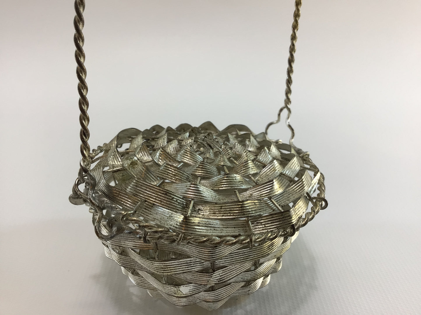 Covered Basket Candy Container 5" Bent Woven Wire Silver Metal Christmas Tree Ornament Antique Holiday Decor