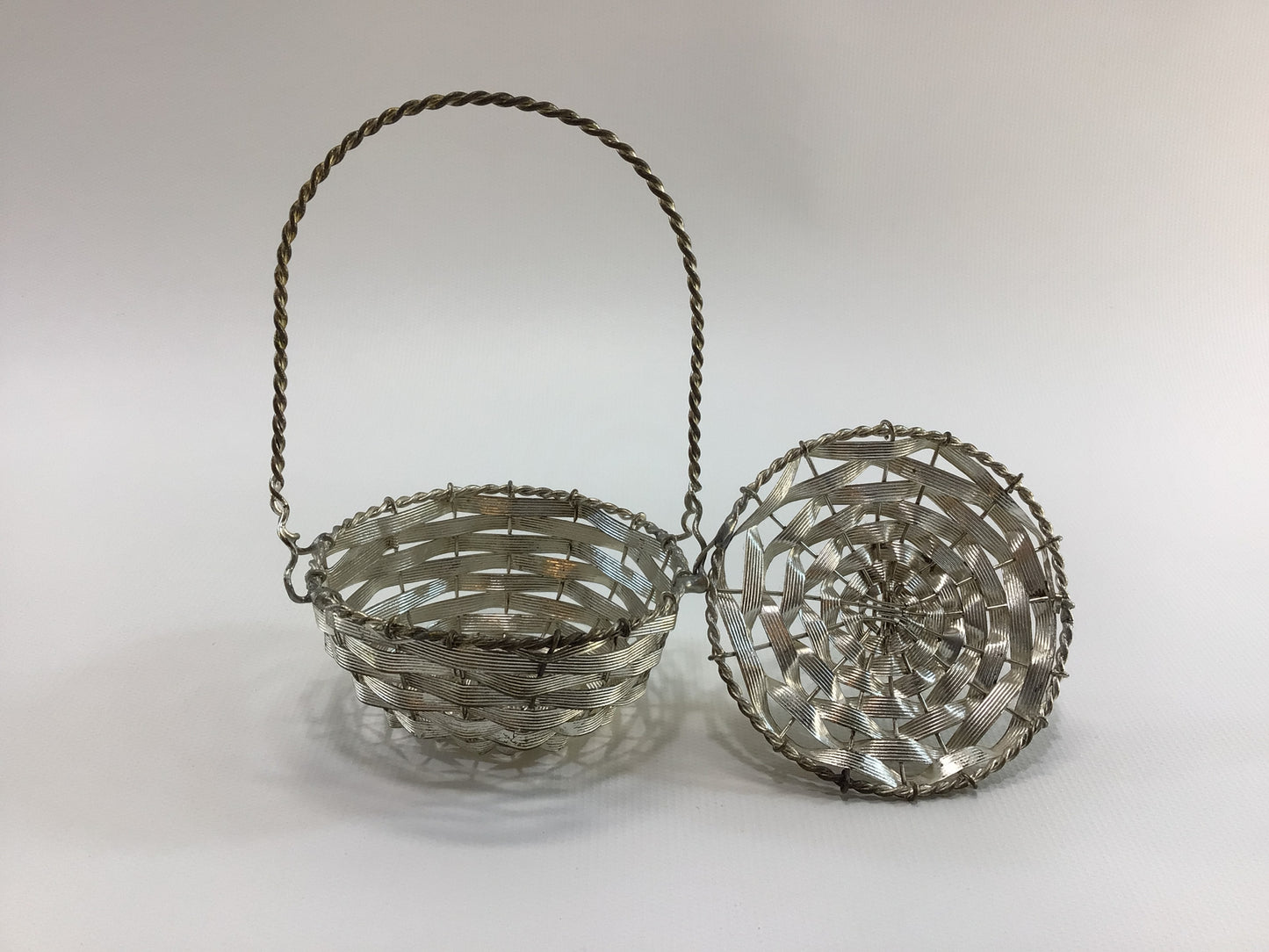 Covered Basket Candy Container 5" Bent Woven Wire Silver Metal Christmas Tree Ornament Antique Holiday Decor