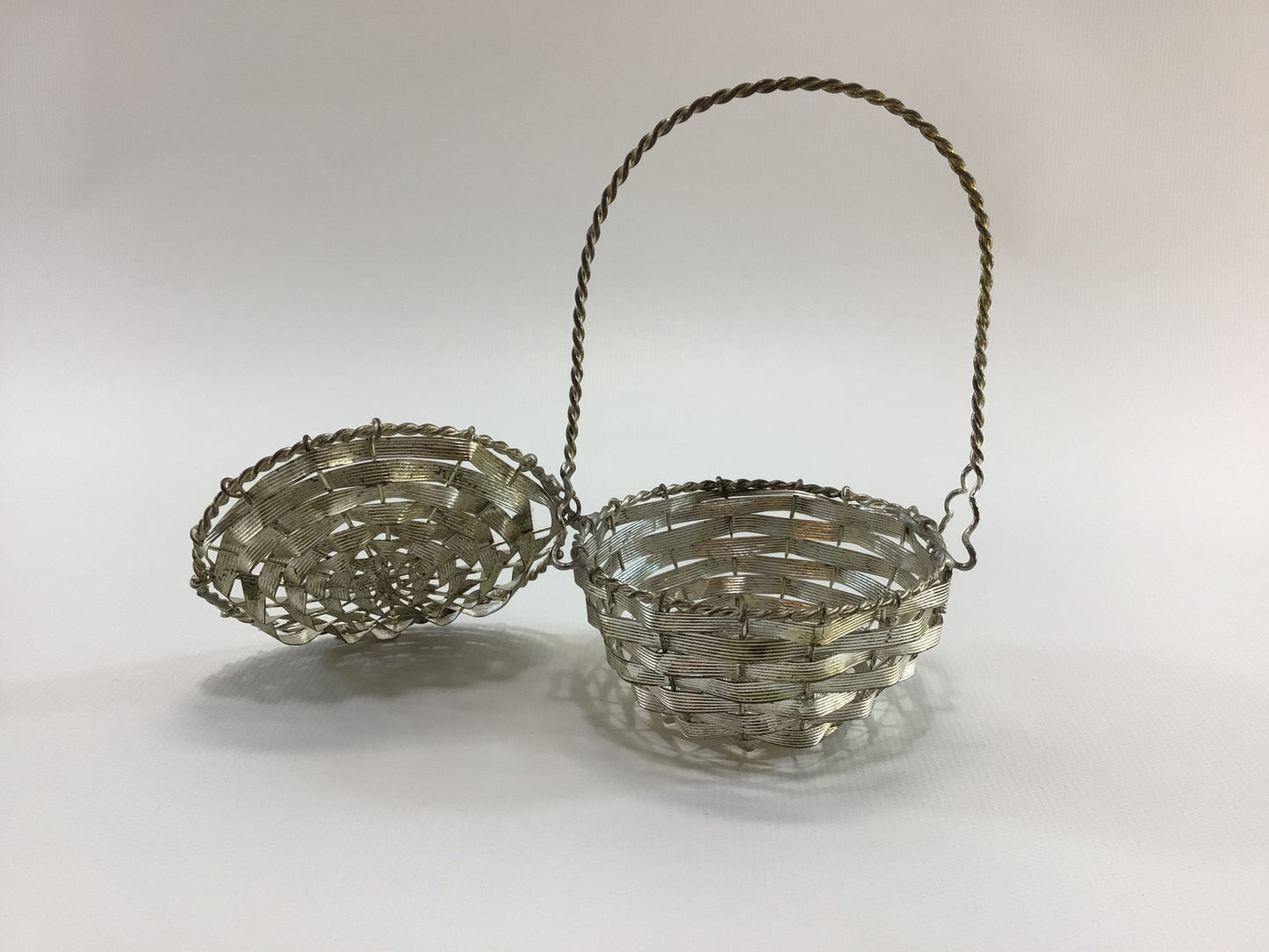 Covered Basket Candy Container 5" Bent Woven Wire Silver Metal Christmas Tree Ornament Antique Holiday Decor