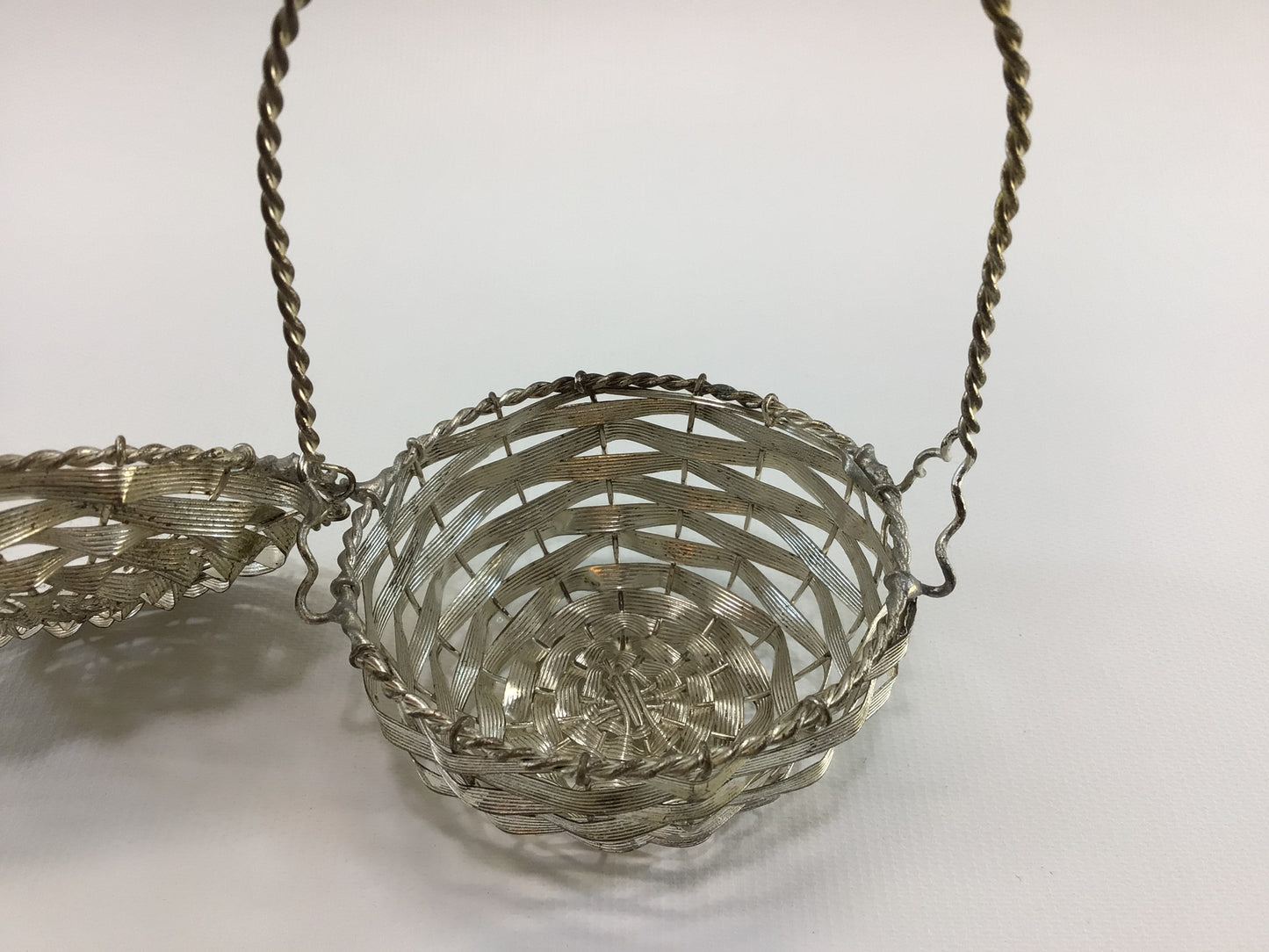 Covered Basket Candy Container 5" Bent Woven Wire Silver Metal Christmas Tree Ornament Antique Holiday Decor