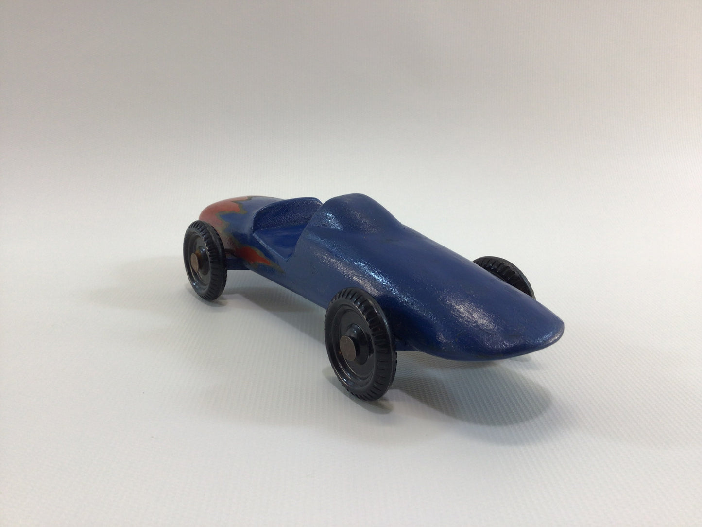 Early Pinewood Derby Race Car Blue Flame Boattail Era Style Vintage Handcrafted Wooden Toy