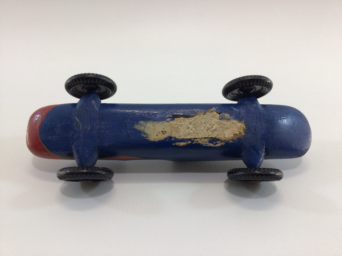 Early Pinewood Derby Race Car Blue Flame Boattail Era Style Vintage Handcrafted Wooden Toy