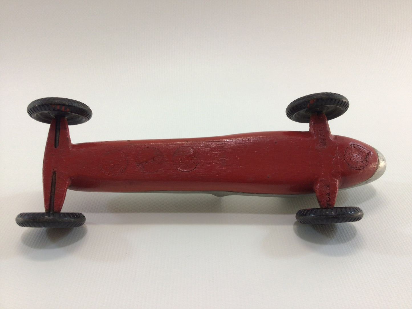 Early Pinewood Derby Race Car Silver Red Boattail Era Style Vintage Handcrafted Wooden Toy