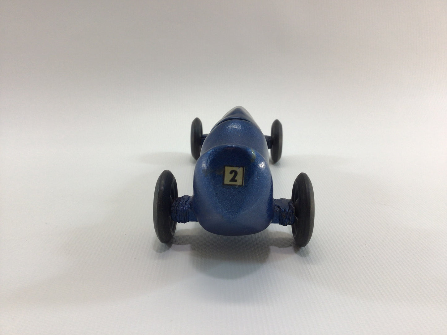 Early Pinewood Derby Race Car Blue No 2 Boattail Era Style Vintage Handcrafted Wooden Toy