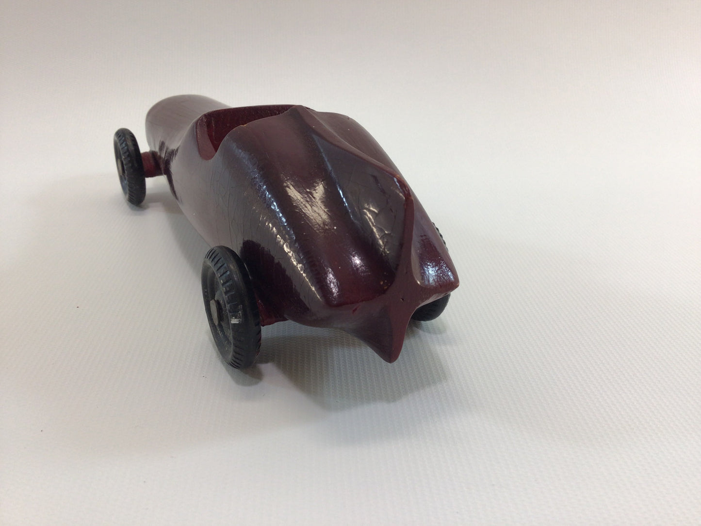 Early Pinewood Derby Race Car Dark Red Fins Boattail Era Style Vintage Handcrafted Wooden Toy