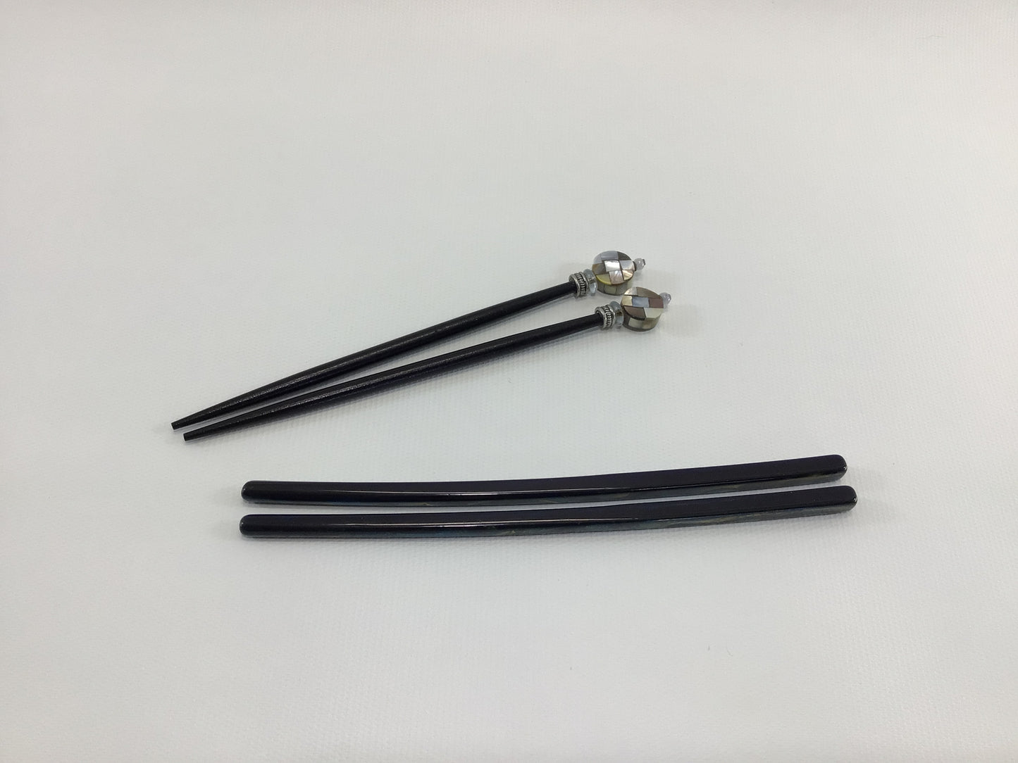Chopstick Dining Utensils Vintage Blue Acrylic and Wooden Beaded Mother of Pearl