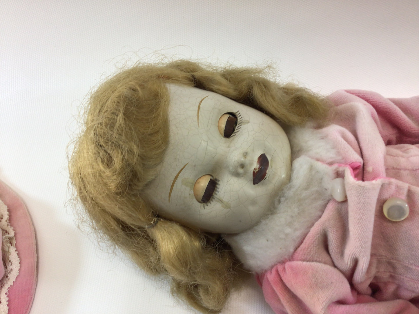 Composite Doll Spooky 18" Vintage Sleepy Eye Crackled Pale Face Ice Skater in Pink Poor Sweet Ethyl