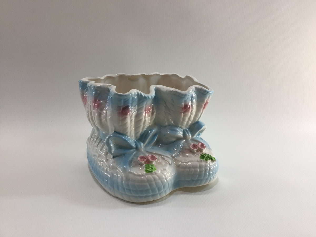 Blue White Baby Booties Ceramic Planter No 1352 Mid Century Relpo Made in Japan Cute Kitschy Children's Home Decor Shower Storage Container