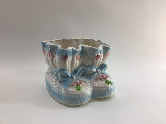 Blue White Baby Booties Ceramic Planter No 1352 Mid Century Relpo Made in Japan Cute Kitschy Children's Home Decor Shower Storage Container