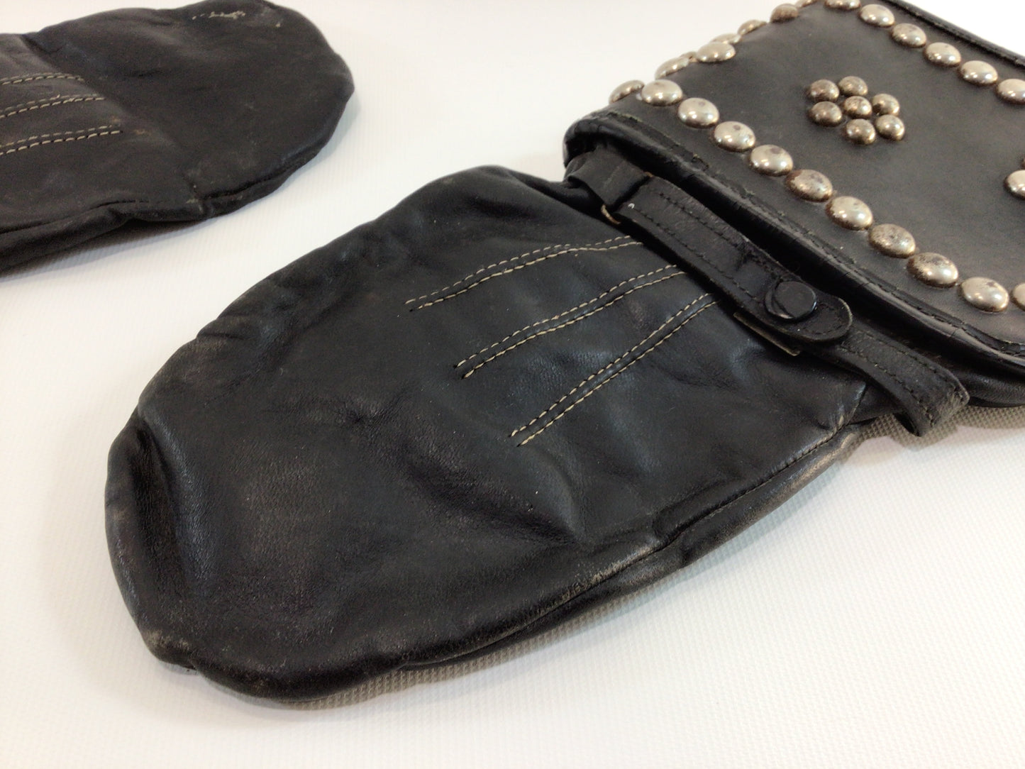 Vintage Black Leather Motorcycle Mitten Gloves Studded with Rhinestones