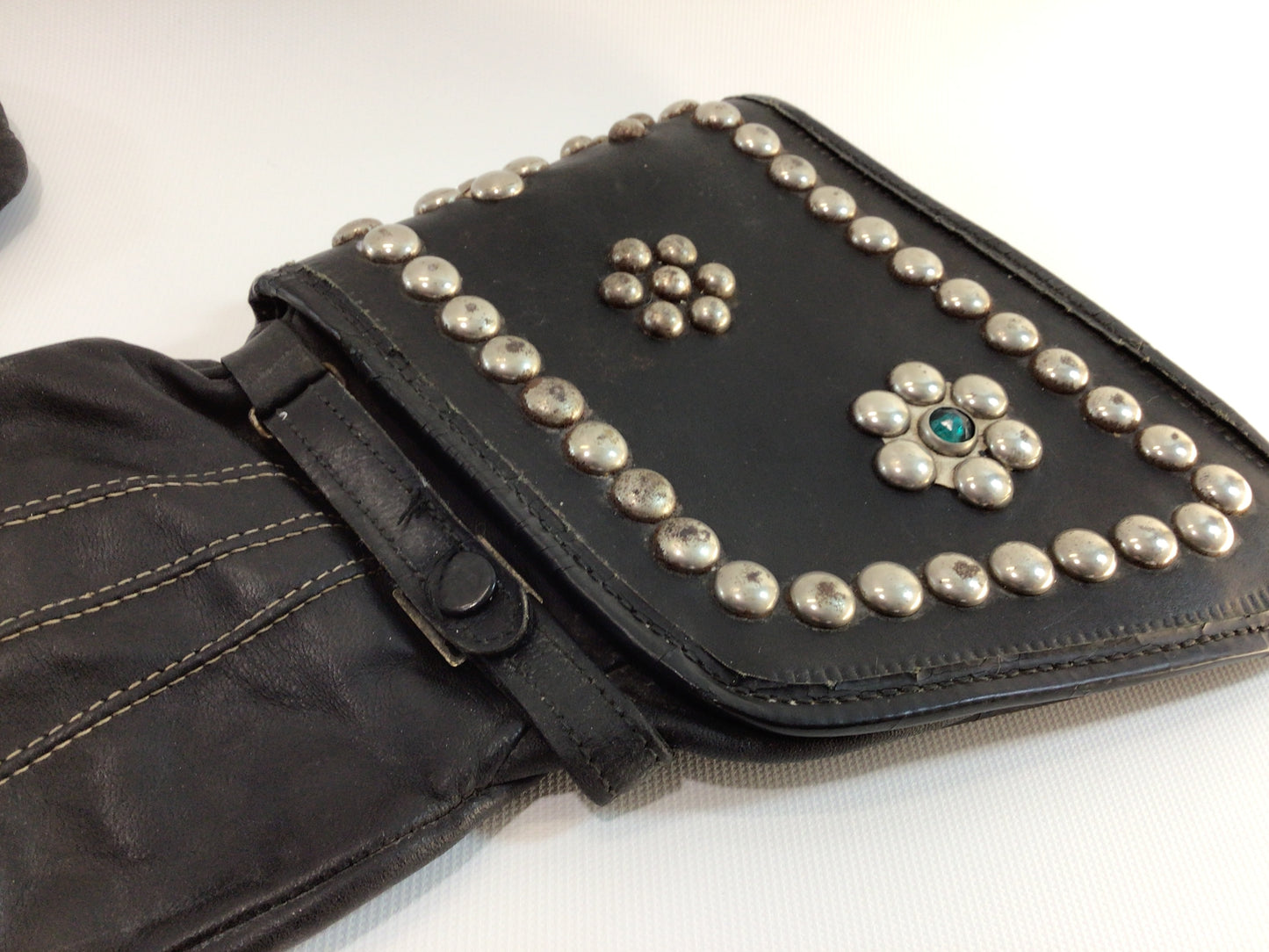 Vintage Black Leather Motorcycle Mitten Gloves Studded with Rhinestones