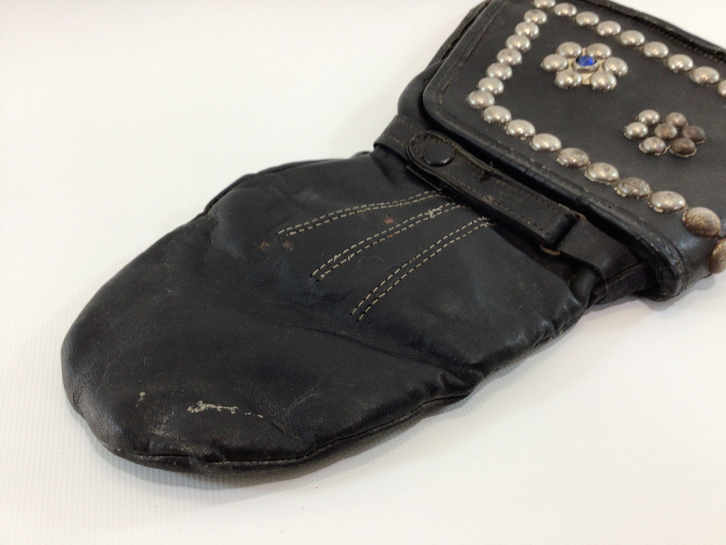 Vintage Black Leather Motorcycle Mitten Gloves Studded with Rhinestones