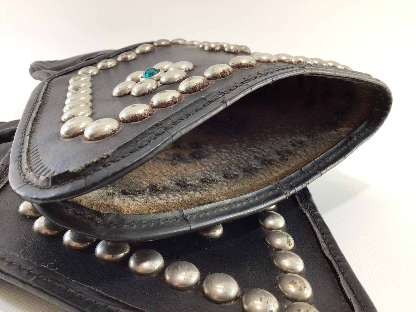 Vintage Black Leather Motorcycle Mitten Gloves Studded with Rhinestones