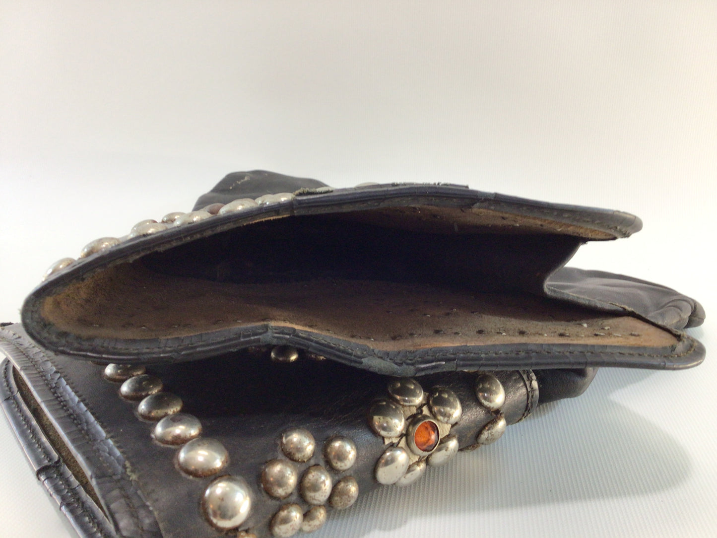 Vintage Black Leather Motorcycle Mitten Gloves Studded with Rhinestones