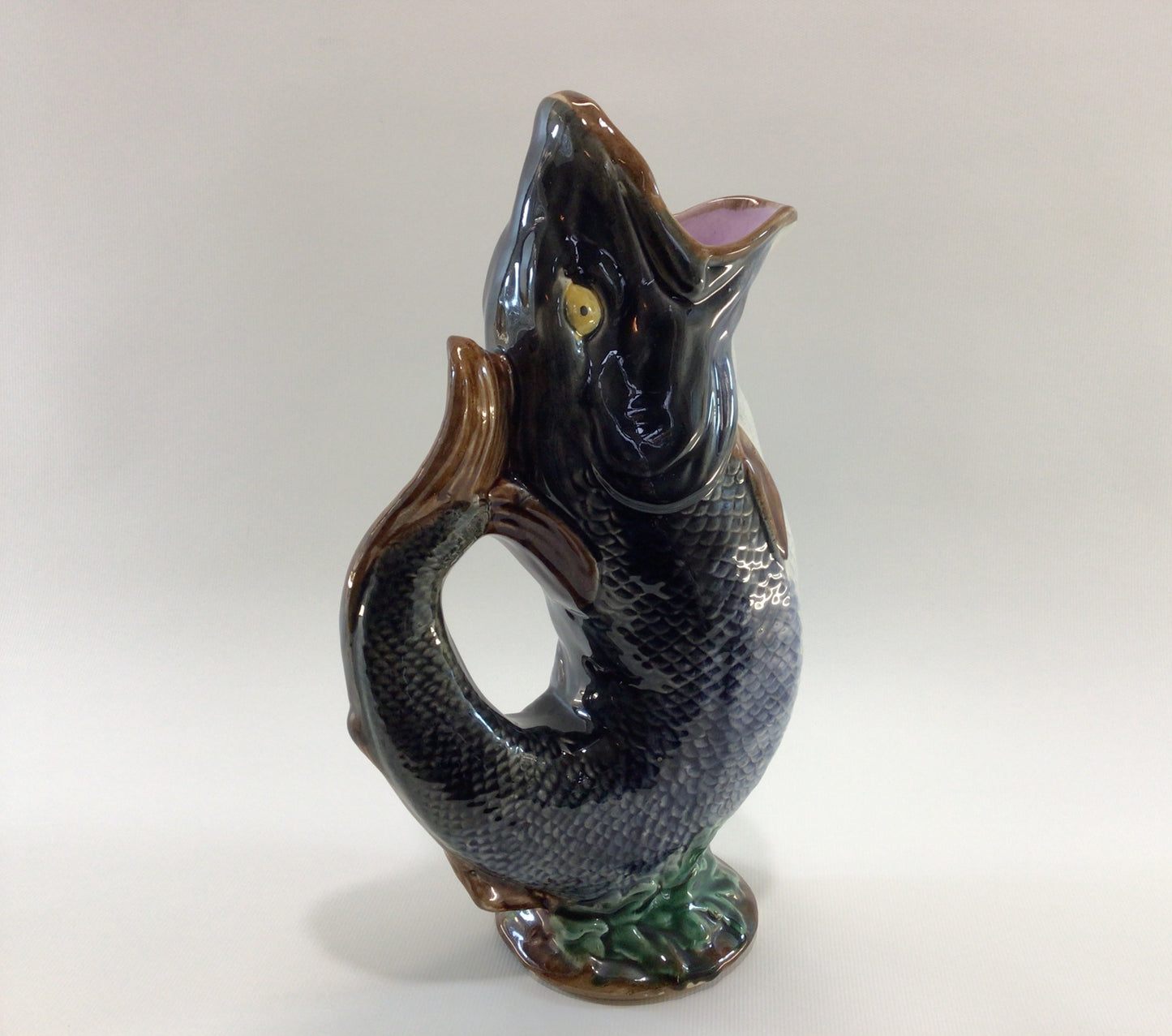 Victorian Era Hand Painted English Majolica 11" Fish Pitcher Antique Dining Decor