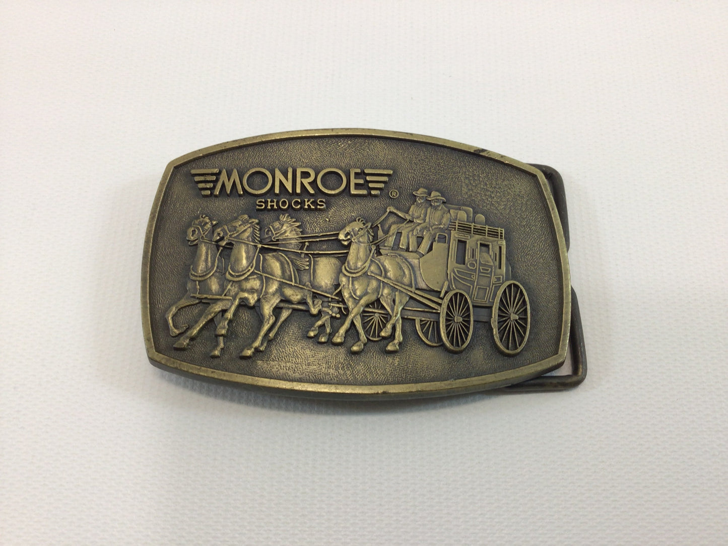 Monroe Shocks Stagecoach Belt Buckle Solid Brass Vintage RJ Co