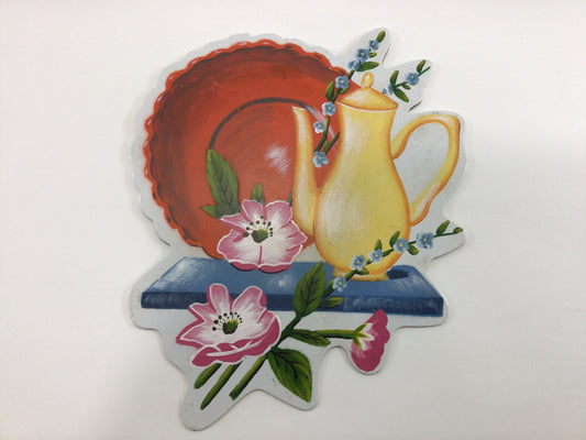 Coffee Pot and Plate Wall Art Shelf Decor 1940's Country Kitchen Collectible Made in USA Enamel on Heavy Gage Steel