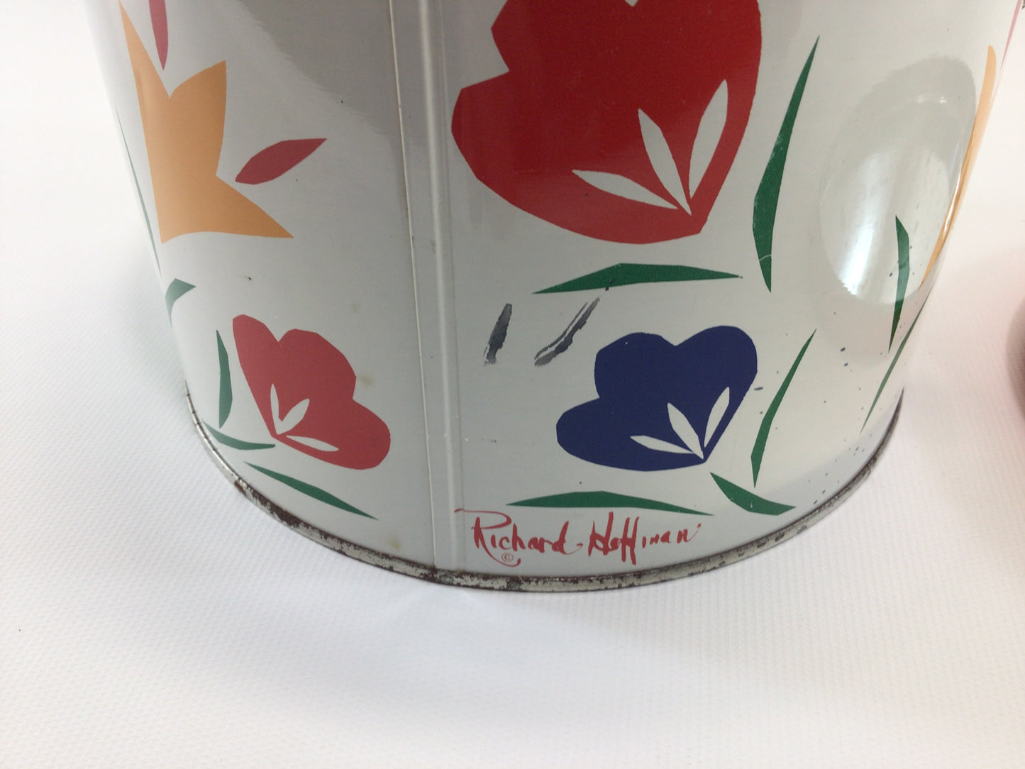 Vintage Tin Container with Bail Bright Abstract Flowers Pop Art Design by Richard Hoffman