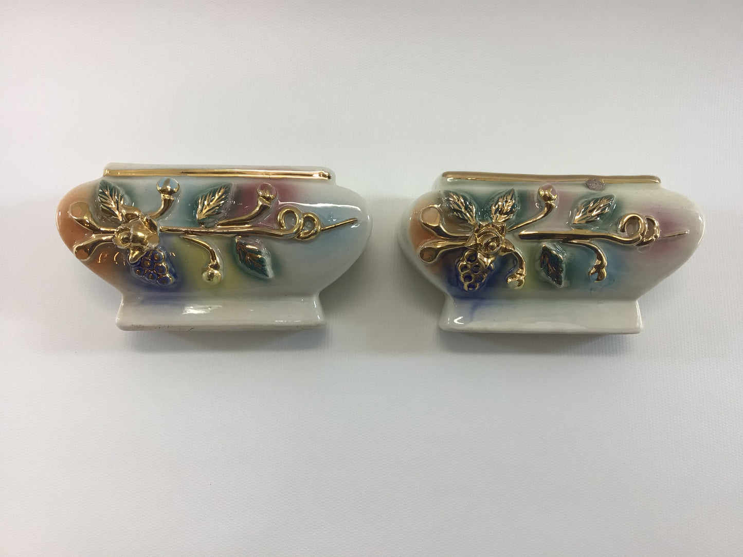 Pair of Mini Planters Mid Century Made in Japan Ceramic Kitsch Gold Applied Rose on Multi-Color Backdrop