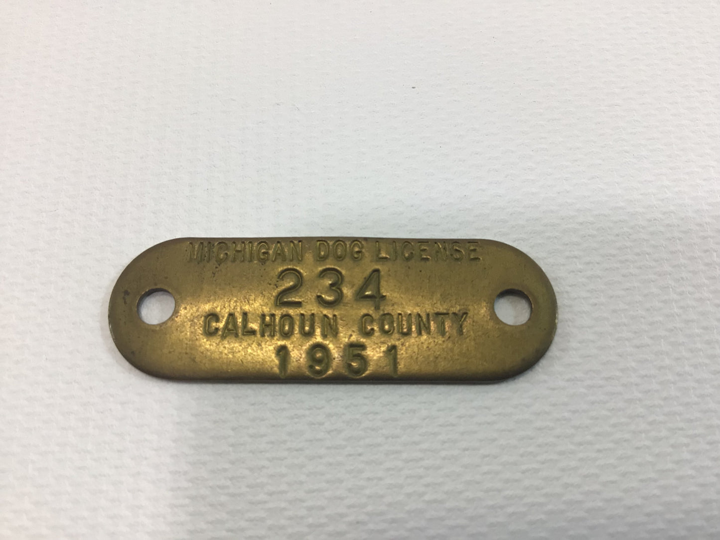 Vintage Brass Dog License Tags Mid Century Calhoun County Michigan 1946 and 1951