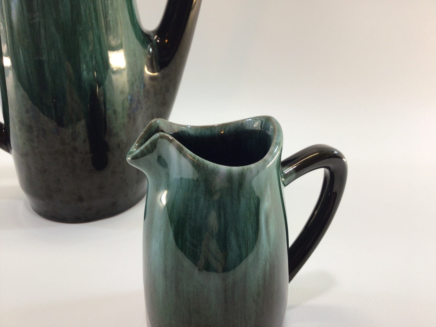 Coffee Pot & Creamer Blue Mountain Pottery Mid Century Blue Green Drip Glaze for Entertaining Dining Serving Ceramic Chocolate Pot