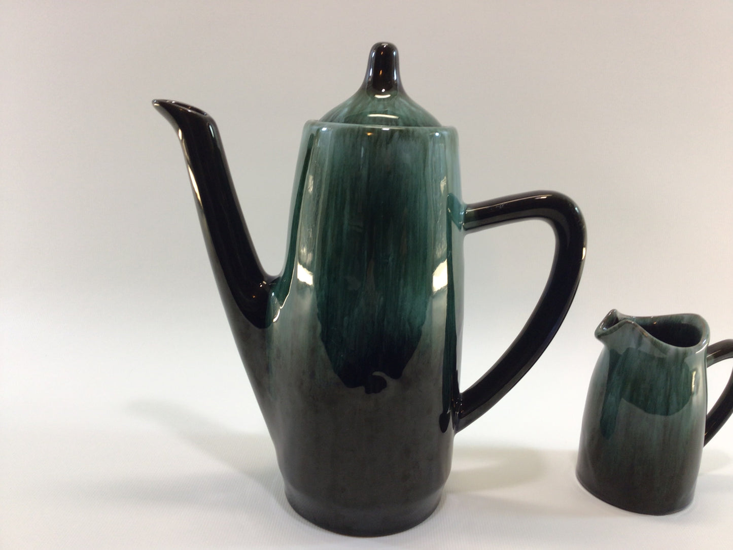 Coffee Pot & Creamer Blue Mountain Pottery Mid Century Blue Green Drip Glaze for Entertaining Dining Serving Ceramic Chocolate Pot