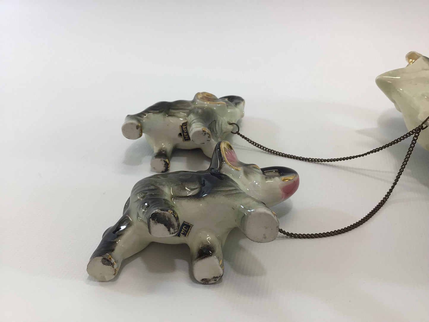 Chained Good Luck Elephants Ceramic Figurine Set Vintage Made in Japan Gold Gilt