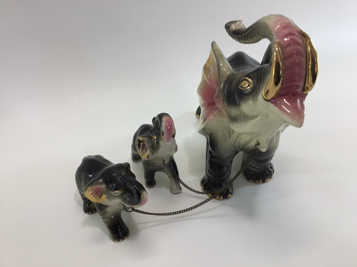 Chained Good Luck Elephants Ceramic Figurine Set Vintage Made in Japan Gold Gilt