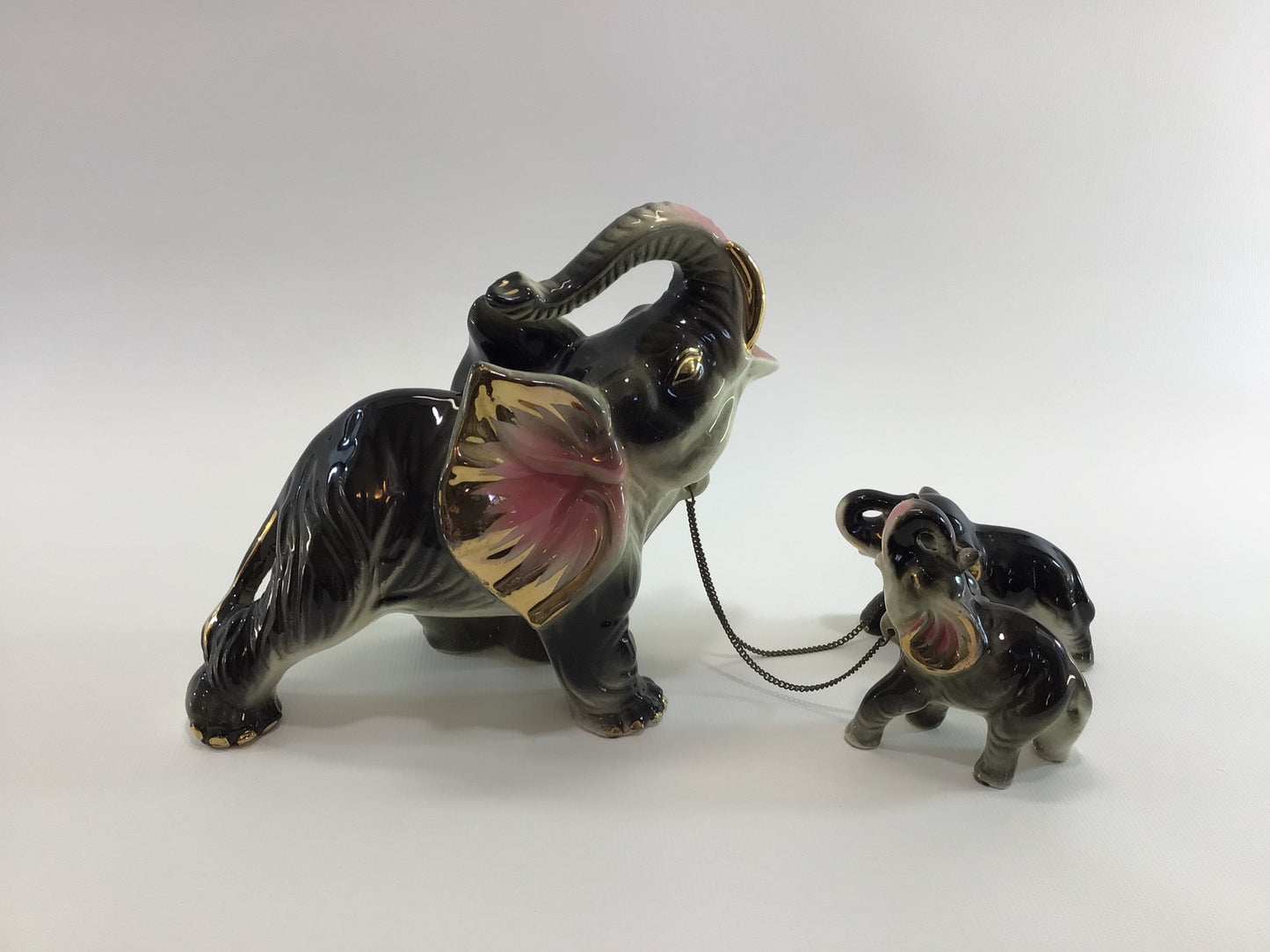 Chained Good Luck Elephants Ceramic Figurine Set Vintage Made in Japan Gold Gilt