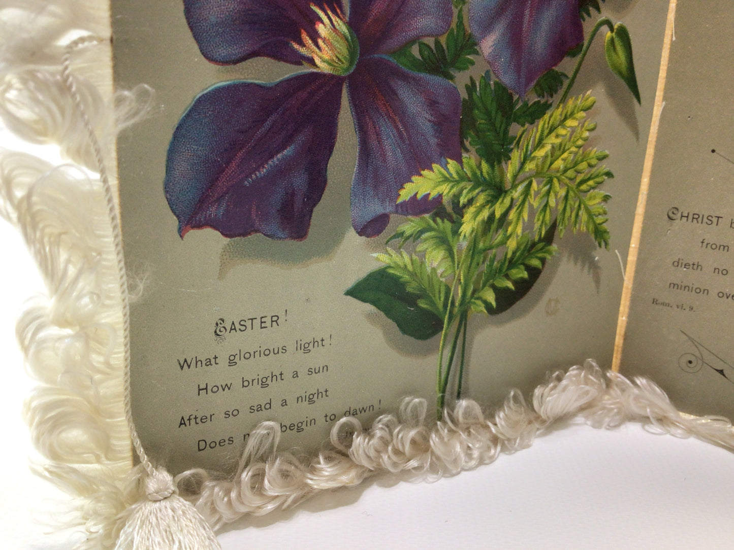 Easter Greetings Card Victorian era Handmade Fringed Floral Graphic Illustrations Antique Ephemera