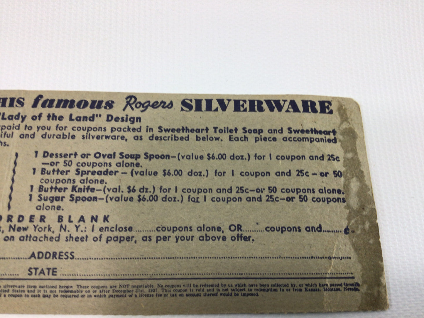 Sweetheart Toilet Soap Box Top Coupons for Rogers Silverware Vintage Ephemera