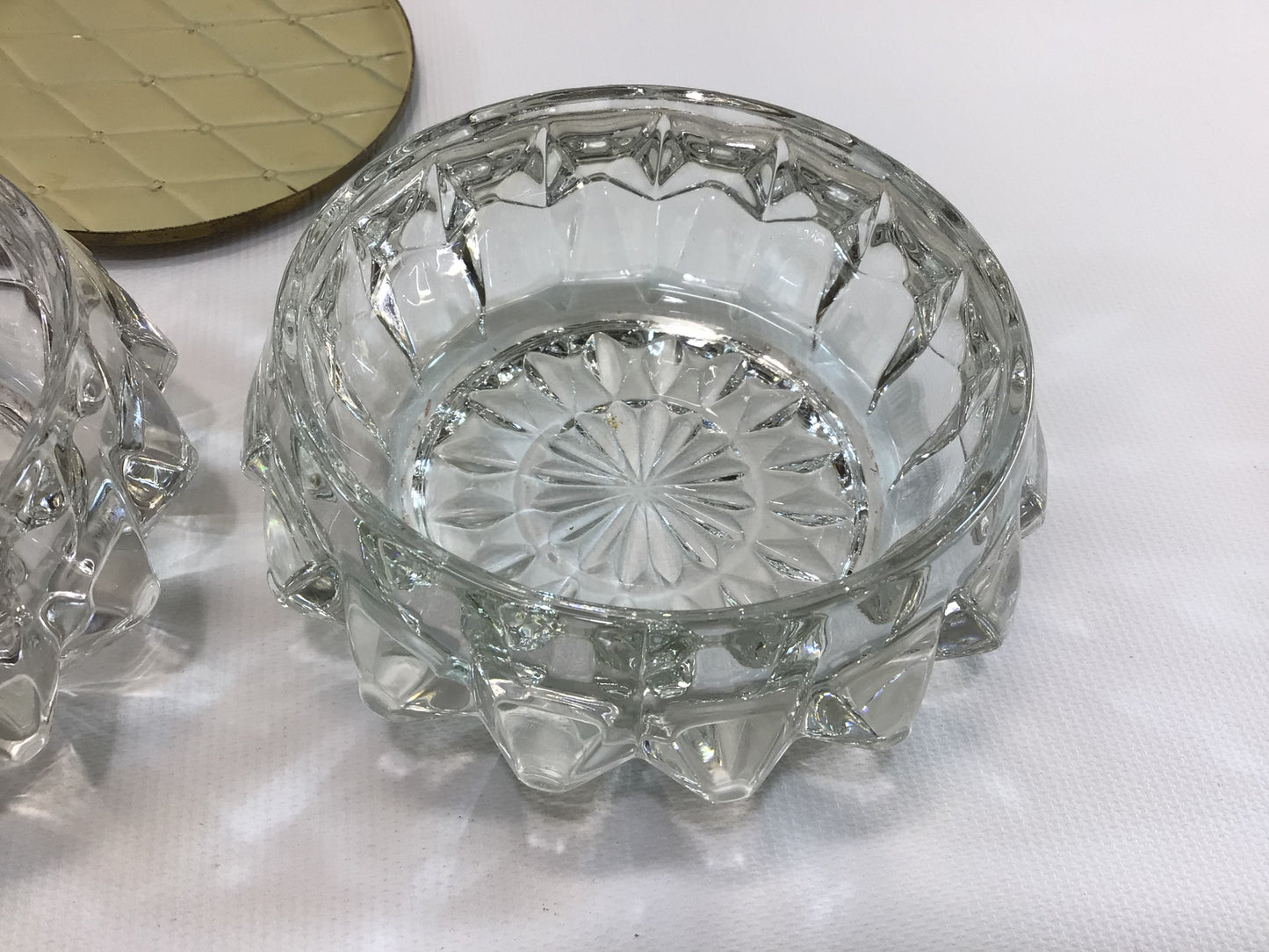 Powder Box Trinket Jewelry Dishes with Brass Patina Diamond Pattern Lids Vintage 70s Cut Crystal Vanity Dresser Home Decor Storage Container