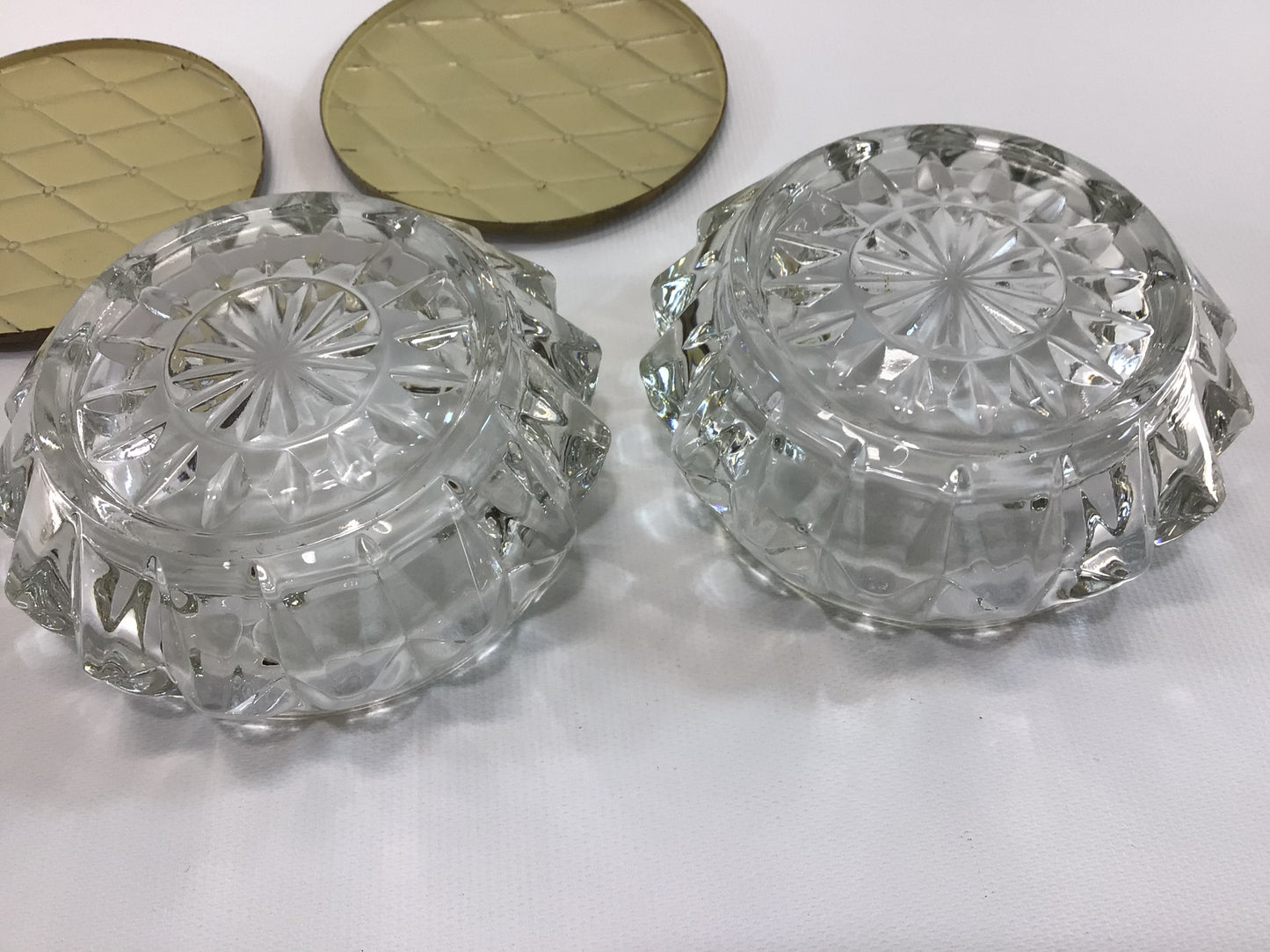 Powder Box Trinket Jewelry Dishes with Brass Patina Diamond Pattern Lids Vintage 70s Cut Crystal Vanity Dresser Home Decor Storage Container