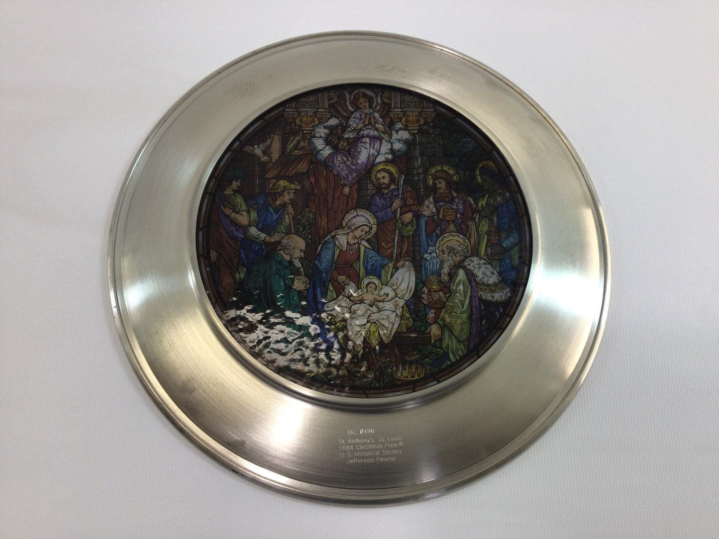 Pewter Stained Glass 10" Plate 1984 St Anthony's St Louis Vintage US Historical Society Collector's Series