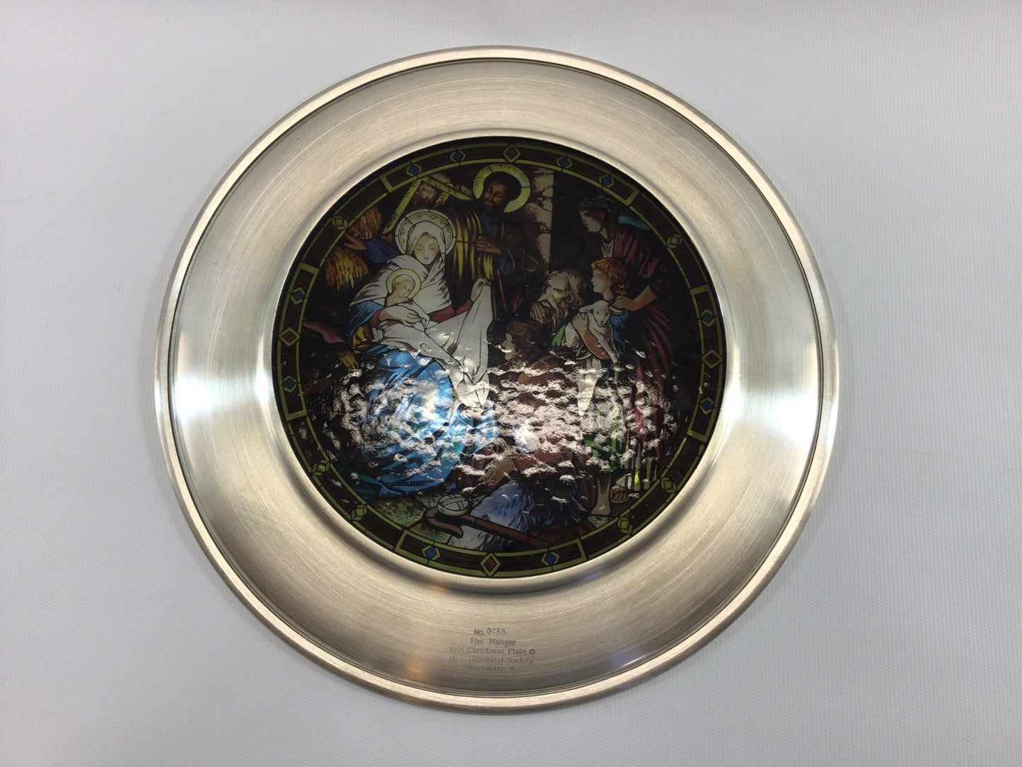 Pewter Stained Glass 10" Plate 1991 Christmas Plate The Manger Vintage US Historical Society Collector's Series