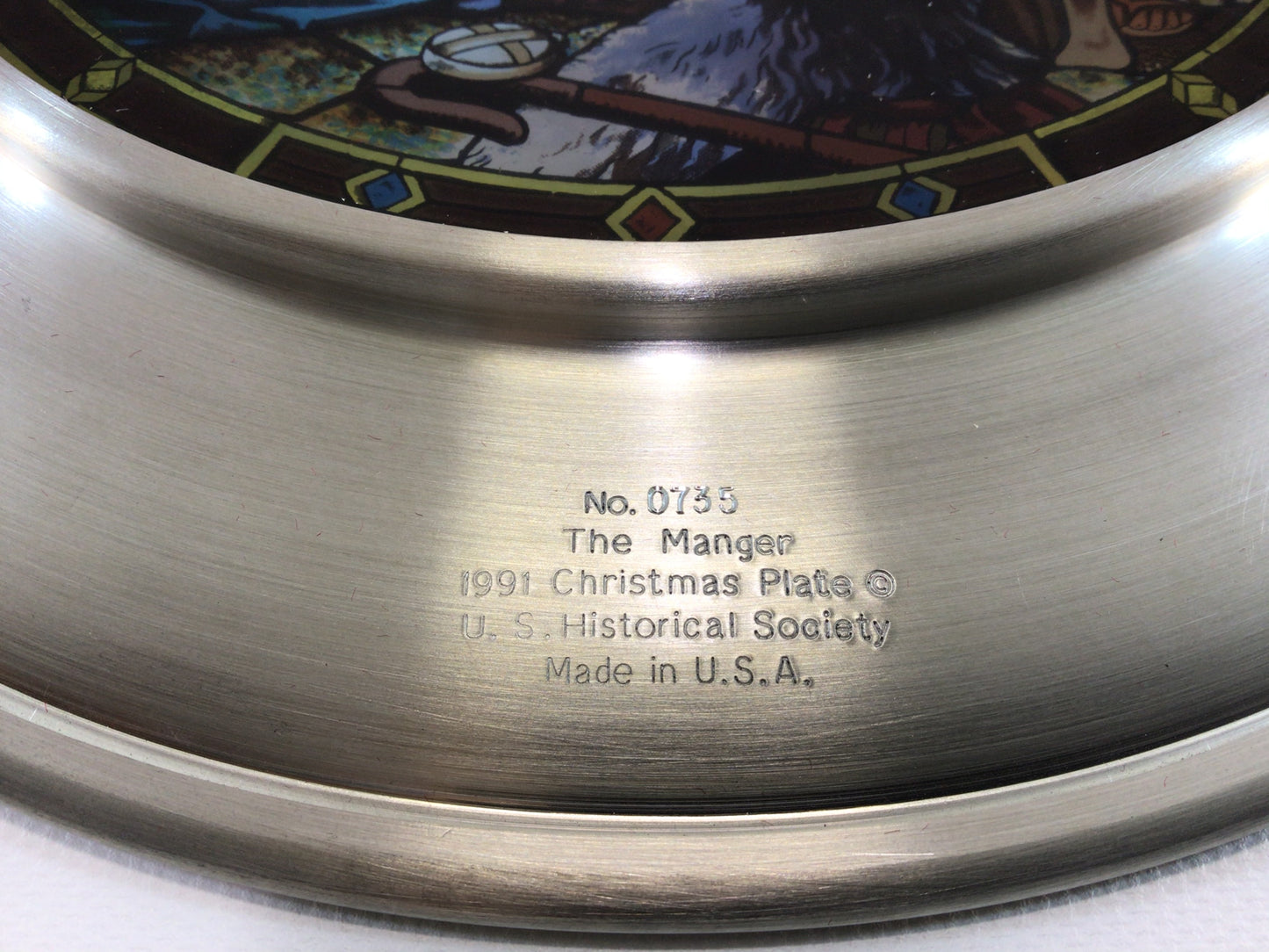 Pewter Stained Glass 10" Plate 1991 Christmas Plate The Manger Vintage US Historical Society Collector's Series