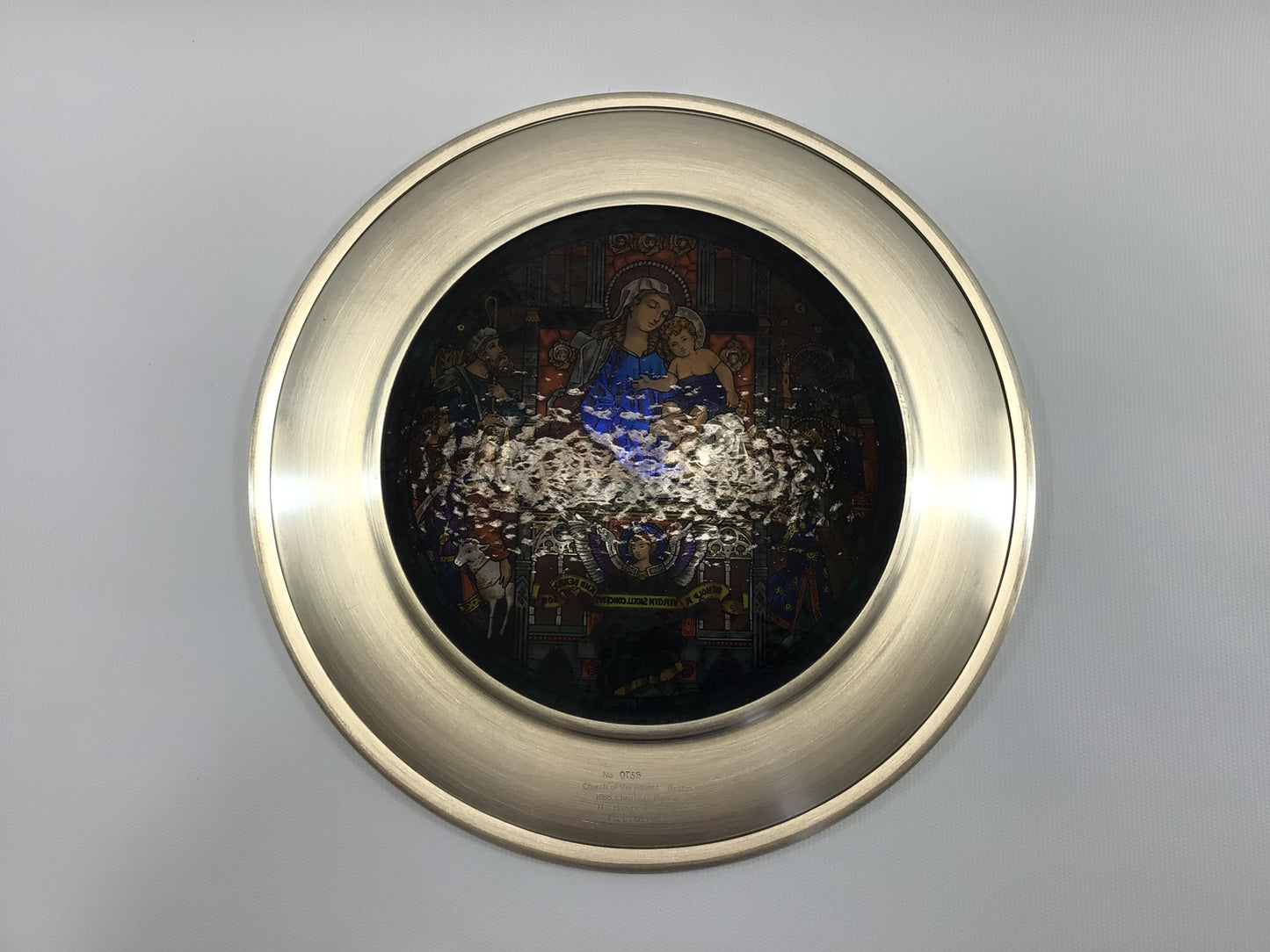 Pewter Stained Glass 10" Plate 1985 Christmas Plate Church of the Advent Boston Vintage US Historical Society Collector's Series