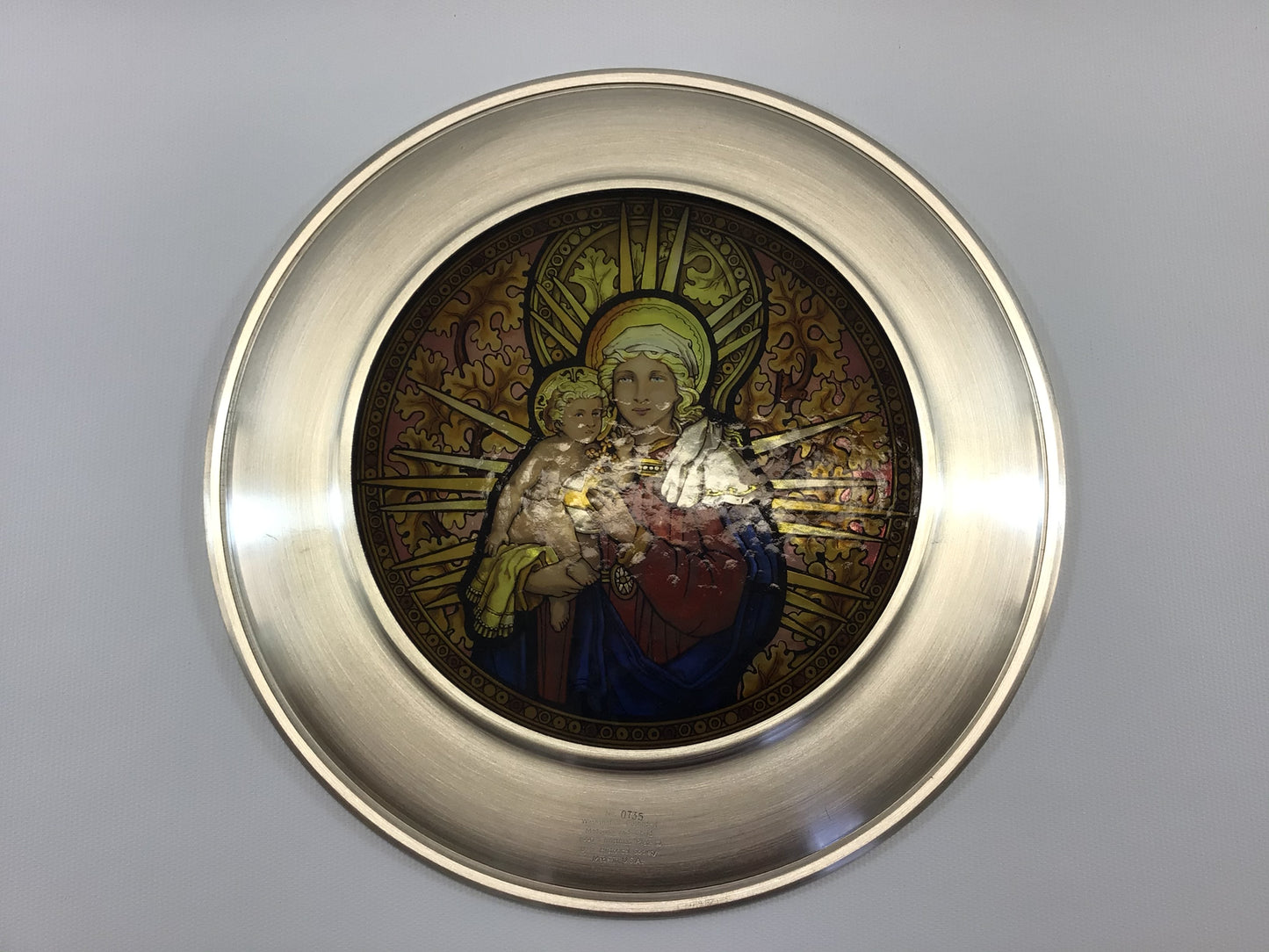 Pewter Stained Glass 10" Plate 1990 Christmas Plate Washington Cathedral Vintage US Historical Society Collector's Series