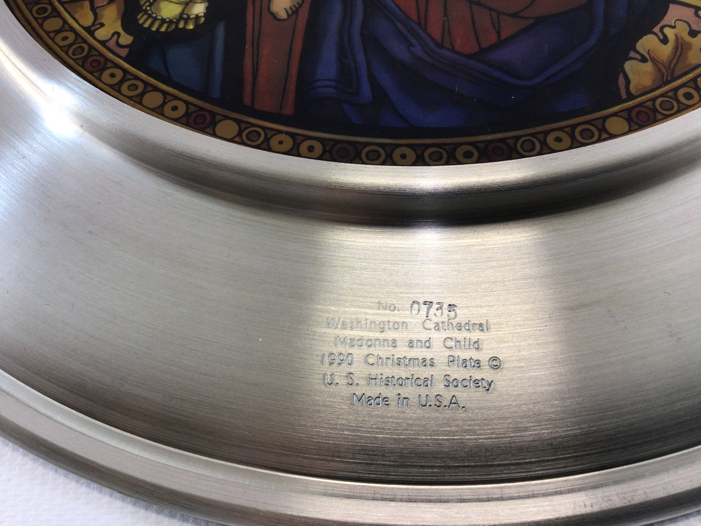 Pewter Stained Glass 10" Plate 1990 Christmas Plate Washington Cathedral Vintage US Historical Society Collector's Series