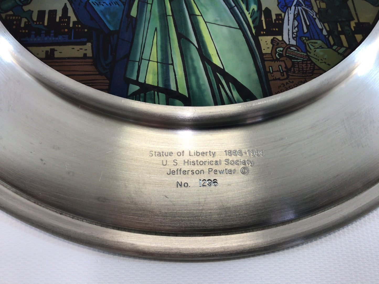 Pewter Stained Glass 10" Plate 1986 Statue of Liberty Vintage US Historical Society Collector's Series