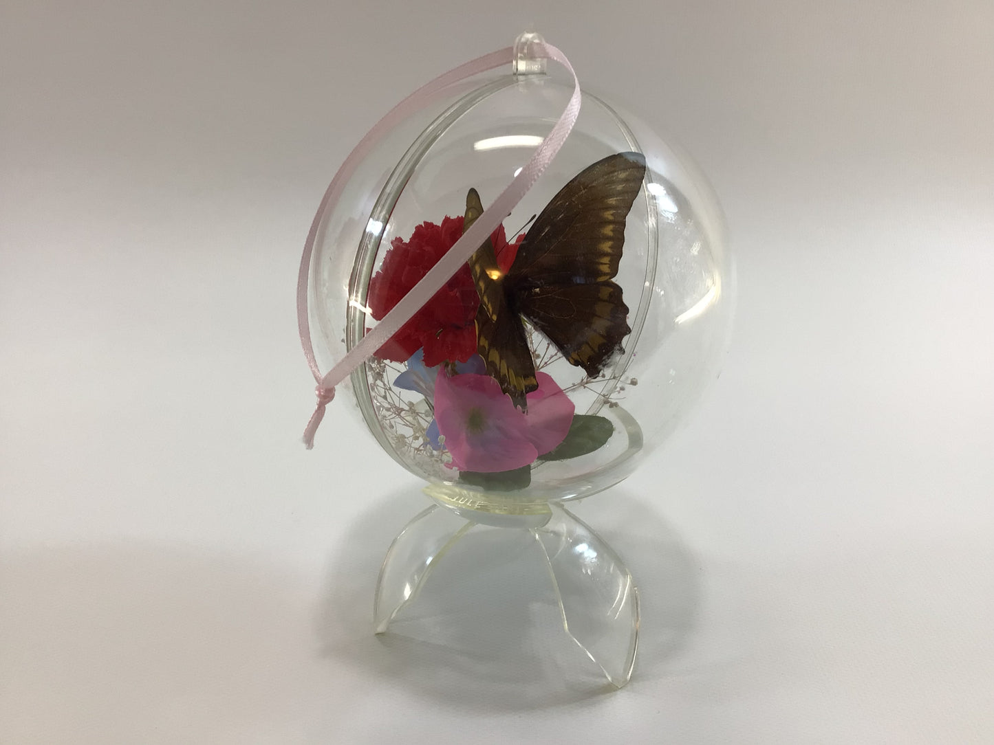 Vintage Acrylic Globe Taxidermy Butterfly and Flowers Schubach Ornament with Stand