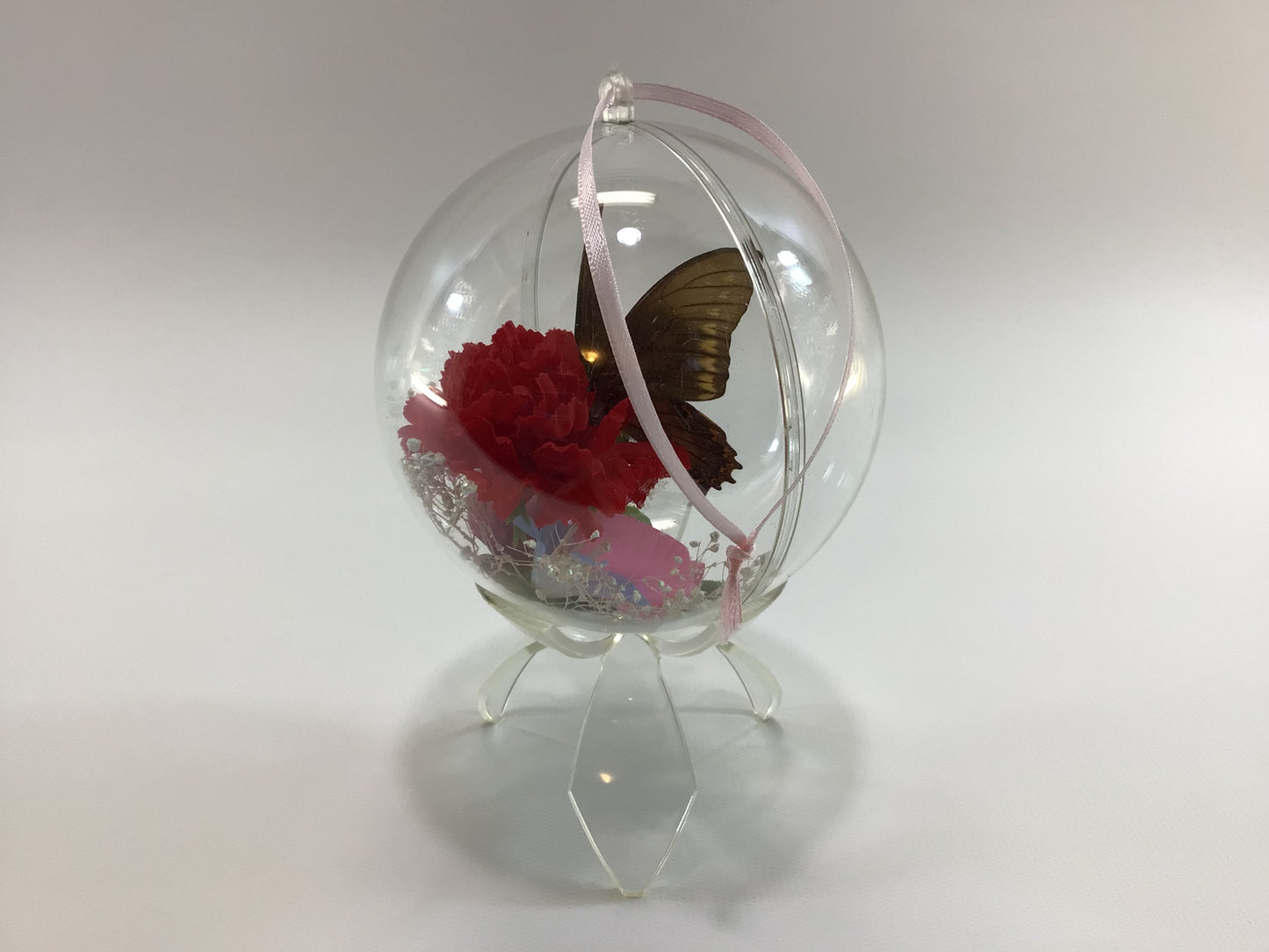 Vintage Acrylic Globe Taxidermy Butterfly and Flowers Schubach Ornament with Stand