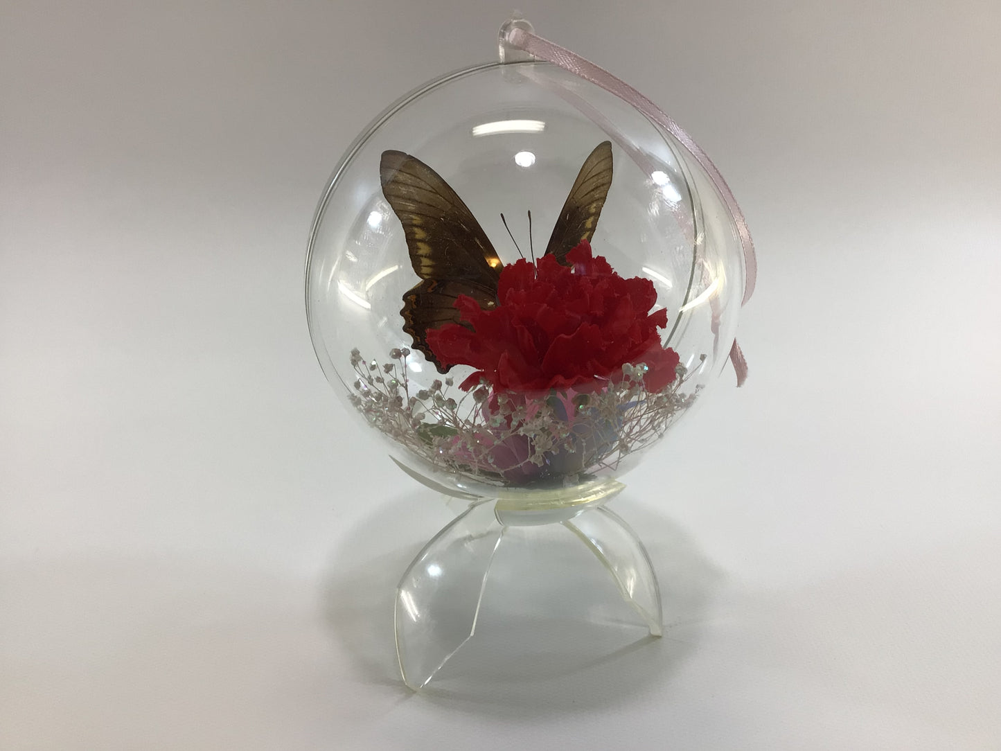 Vintage Acrylic Globe Taxidermy Butterfly and Flowers Schubach Ornament with Stand