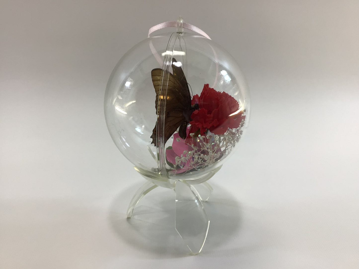 Vintage Acrylic Globe Taxidermy Butterfly and Flowers Schubach Ornament with Stand