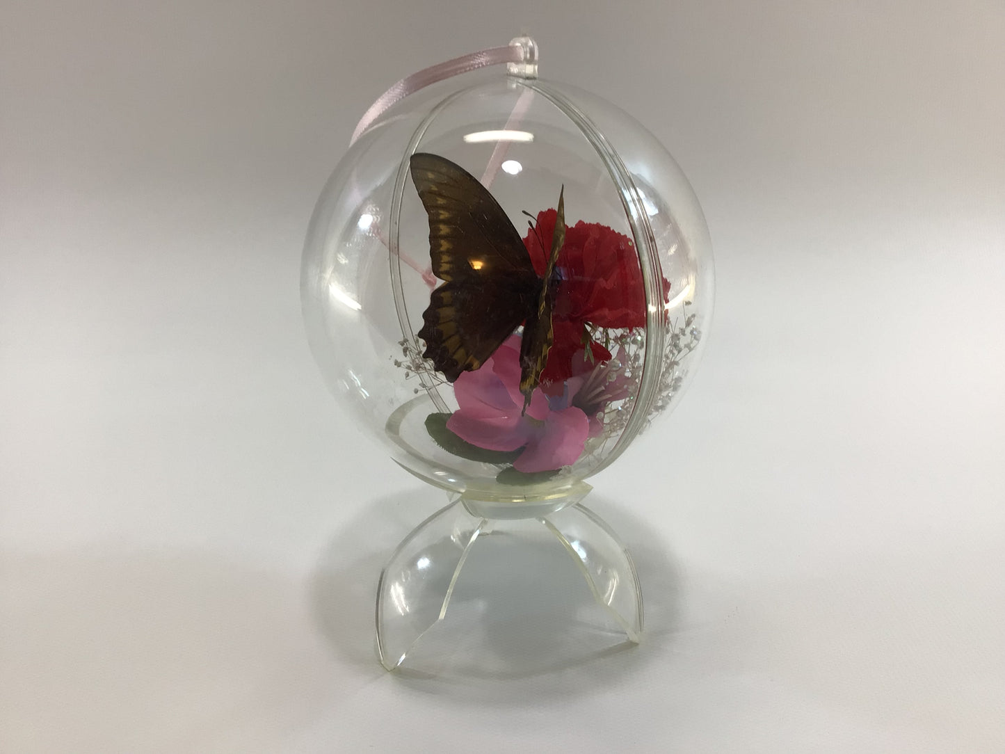 Vintage Acrylic Globe Taxidermy Butterfly and Flowers Schubach Ornament with Stand