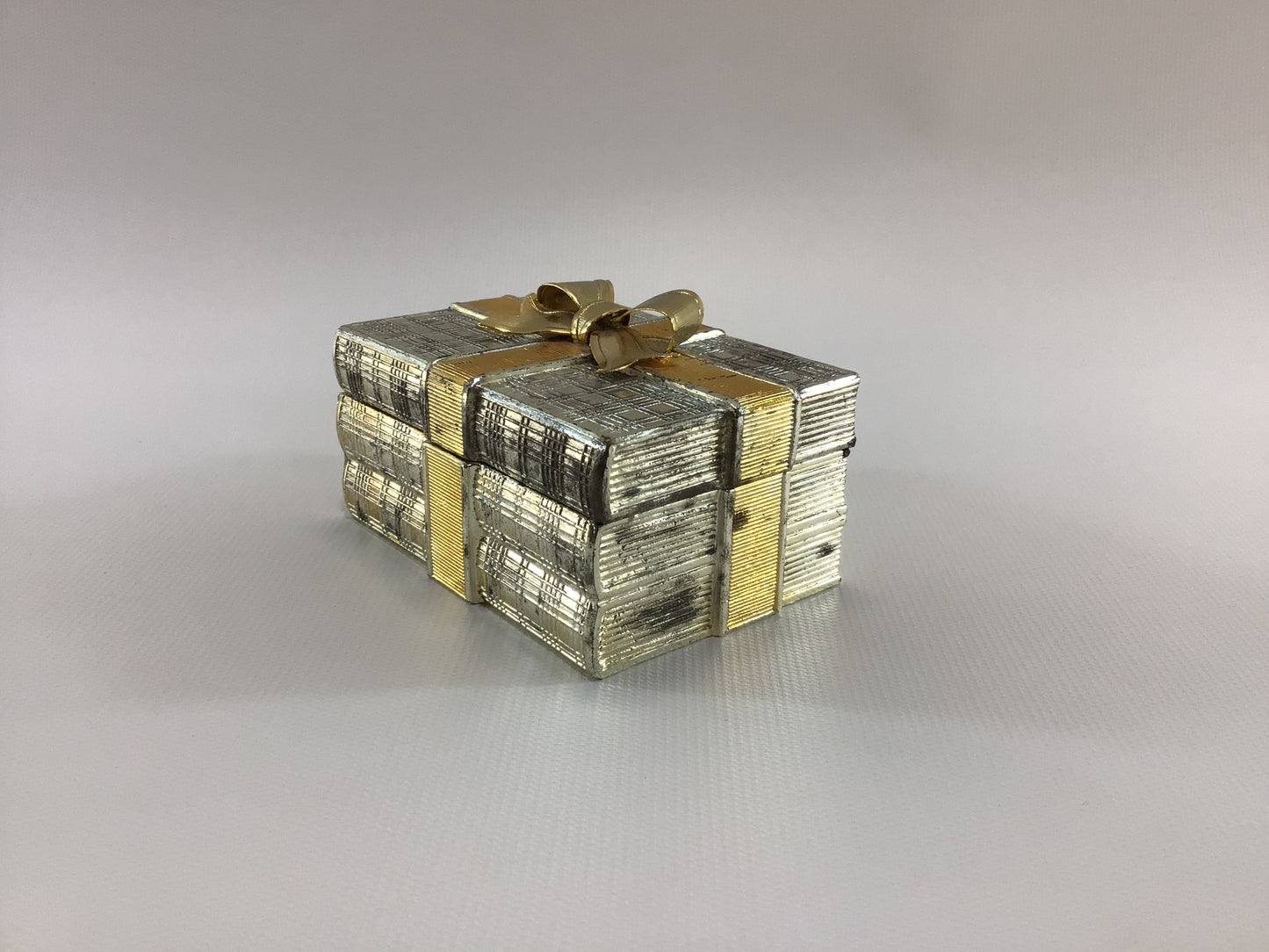 Book Stack Music Trinket Box Jewelry Casket Vintage 1970's Vanity Decor Gold Tone Filigree with Bow