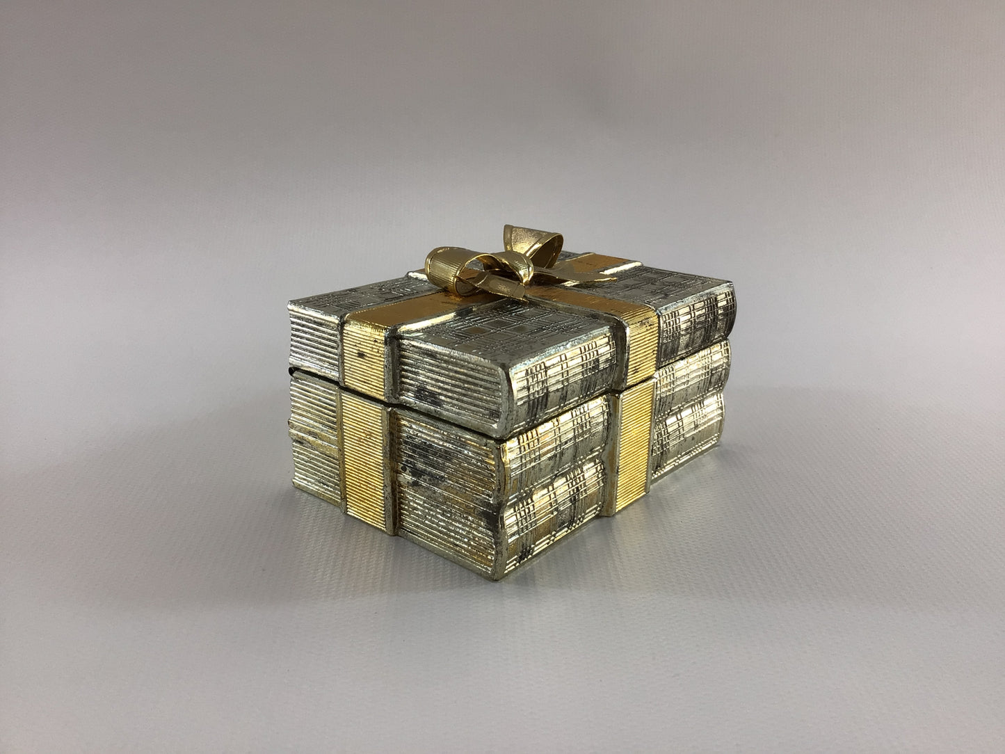 Book Stack Music Trinket Box Jewelry Casket Vintage 1970's Vanity Decor Gold Tone Filigree with Bow