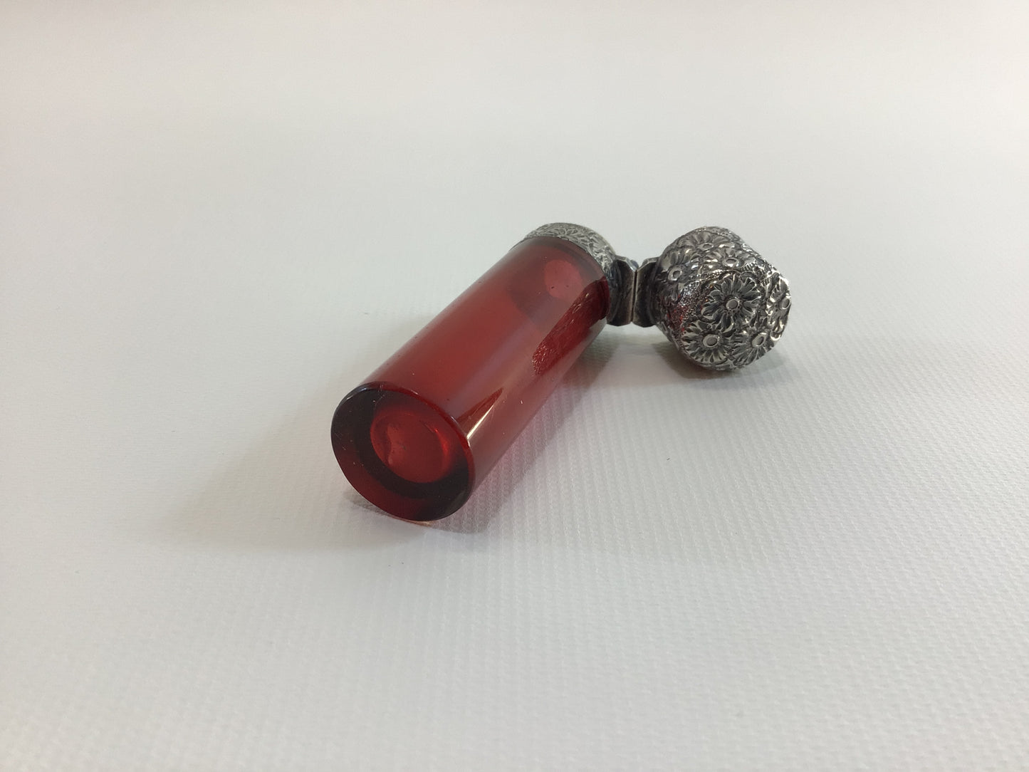 Antique Silverplate Floral Hinged Cap 19th Century Red Glass Perfume Bottle Collectible Vanity Decor